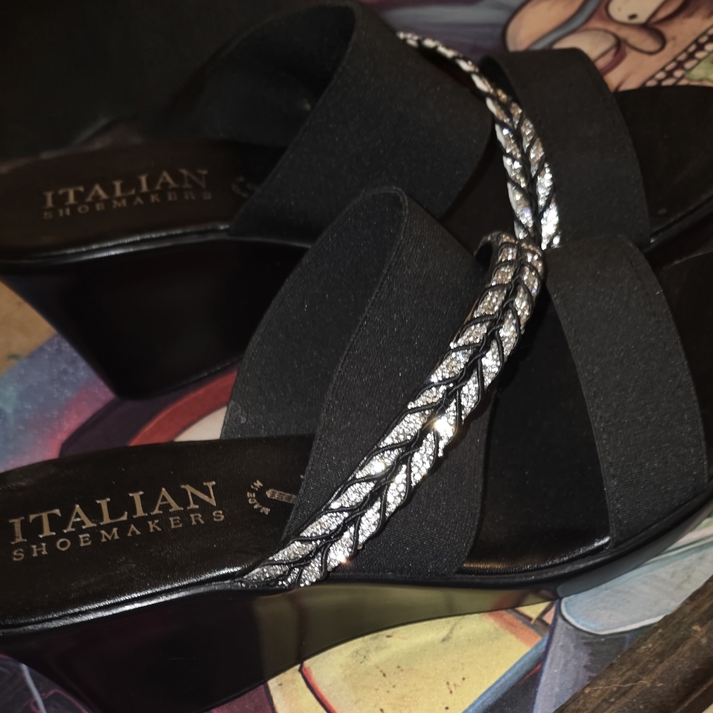 Italian Shoemakers Black and Silver Women's Wedge Sandals